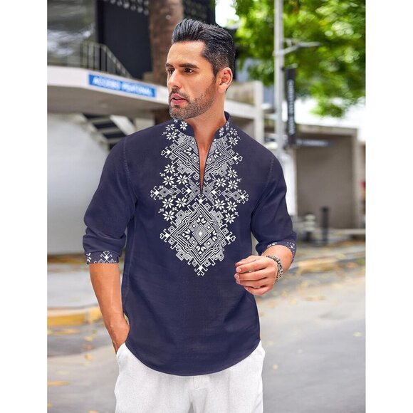 Men's Blue Shirt Long Sleeve Floral Print Casual Cotton Beach Hippie  T Shirt - Picture 7 of 9
